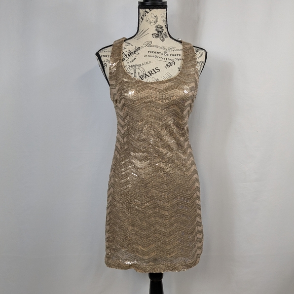 Vtg B Darlin Gold Sequin Sleeveless Bodycon Mini Dress Club Y2K Size 5/6 A078 - Picture 1 of 11